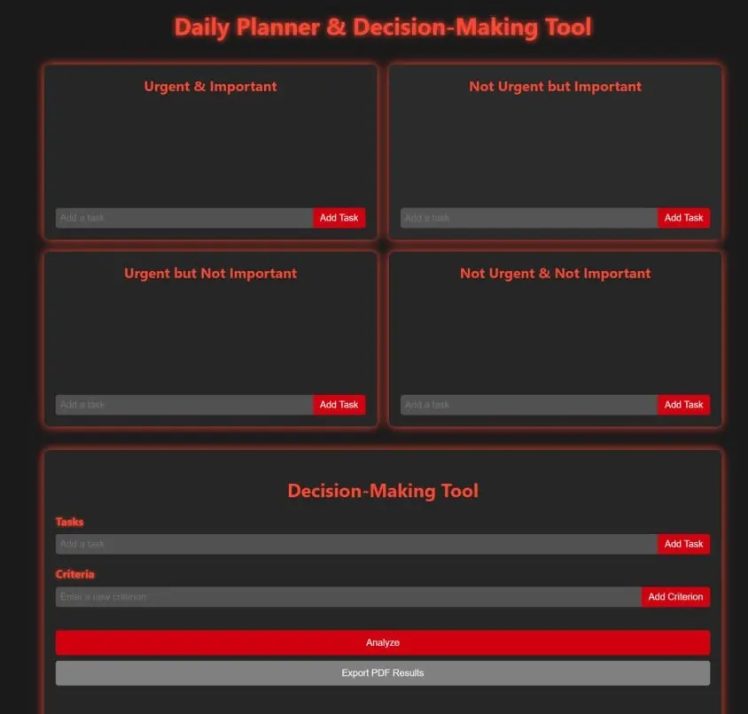 Screenshot of the Daily Planner and Decision-Making Tool interface showcasing task quadrants, decision-making criteria, and an interactive analysis chart. Designed for productivity optimization and efficient decision-making