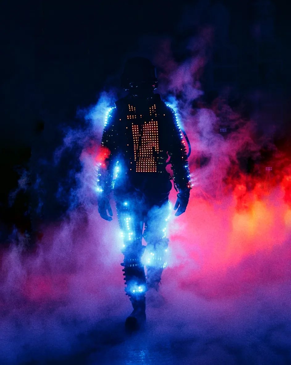 robot dancer in led pixel outfit with fog and rgb lights, futuristic image